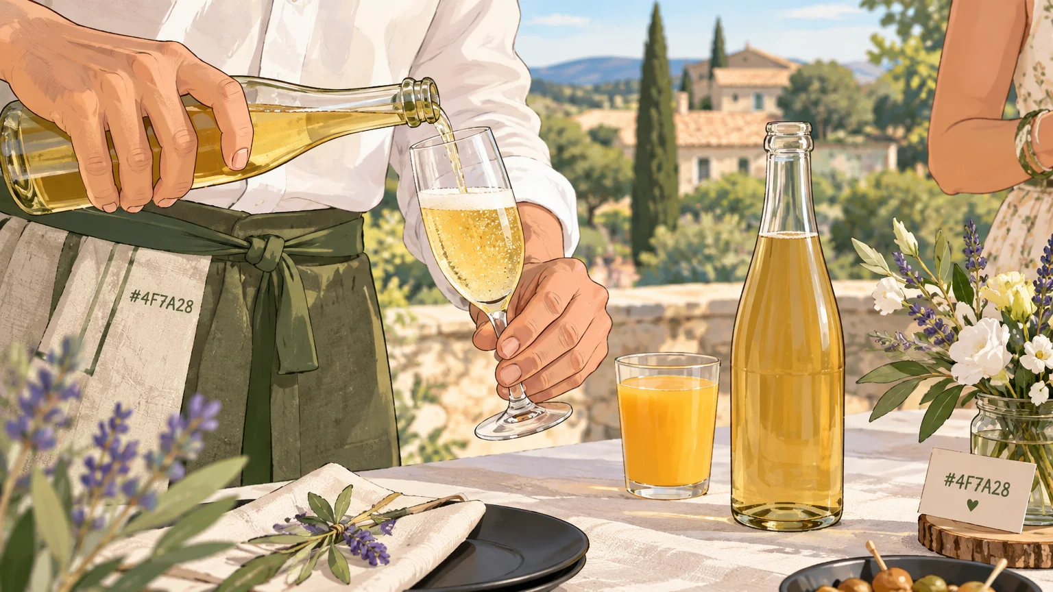 Service de cidre et de jus sans alcool pendant un vin d’honneur en Provence