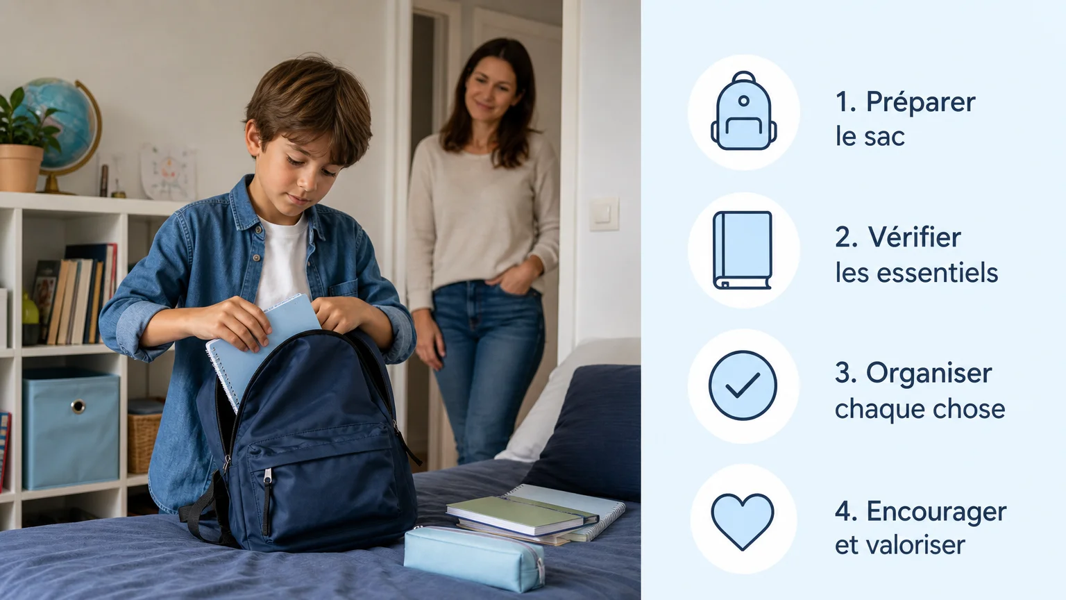 Enfant préparant ses affaires avec le soutien discret d’un parent