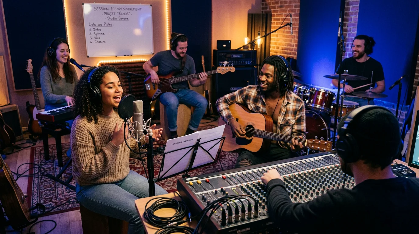 Groupe de musiciens enregistrant une session multipistes en studio à Paris