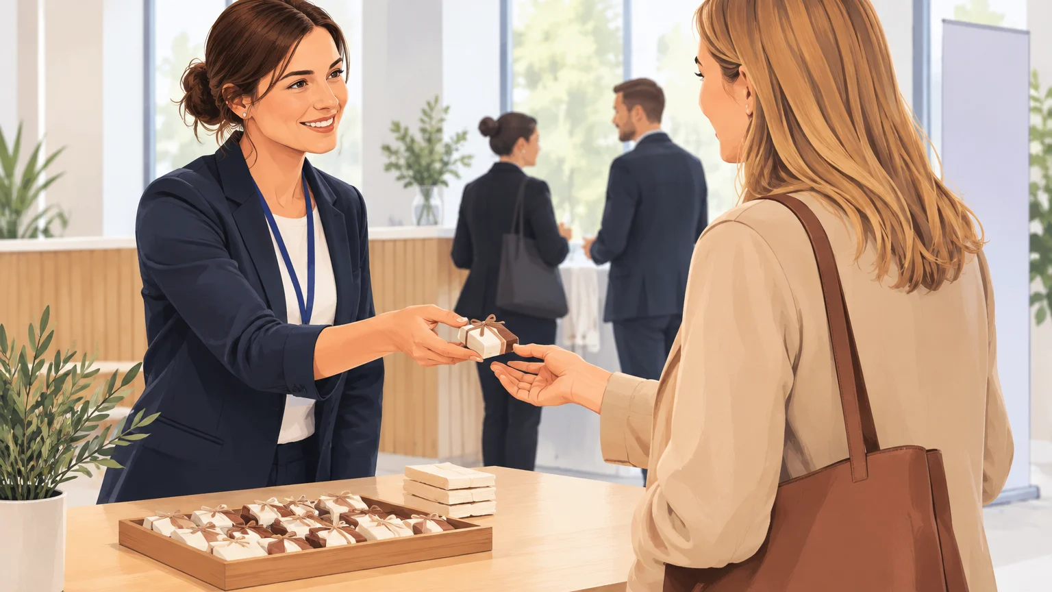 Distribution de chocolats emballés lors d’un événement professionnel