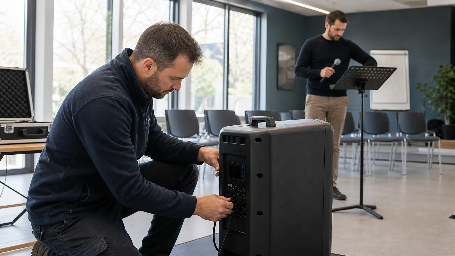 Installation naturelle d’une enceinte professionnelle et d’un microphone dans une salle polyvalente