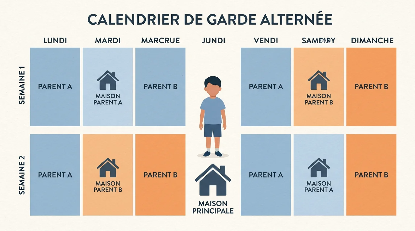 Exemple de calendrier de garde alternée 4-3-3-4 sur deux semaines