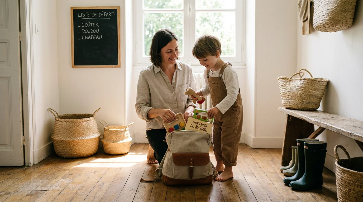 Parent et enfant préparant le sac pour le passage de bras en garde alternée