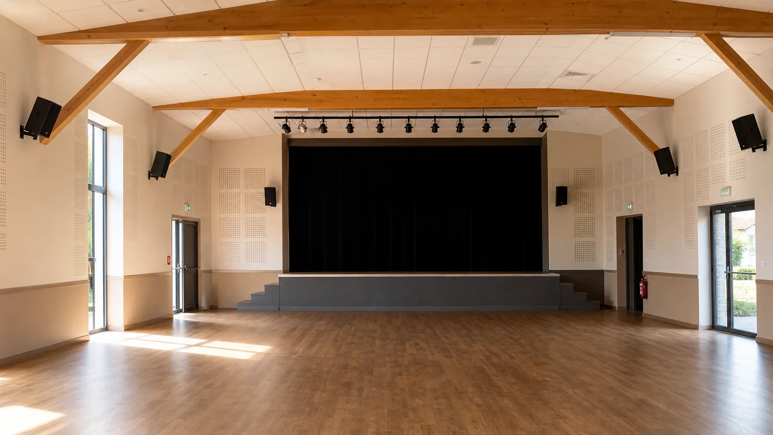 Enceintes réparties dans une salle polyvalente pour favoriser la clarté des annonces