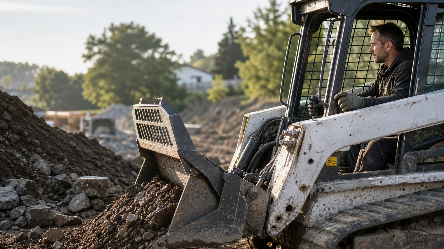 Opérateur utilisant un godet 4 en 1 sur un chantier de terrassement