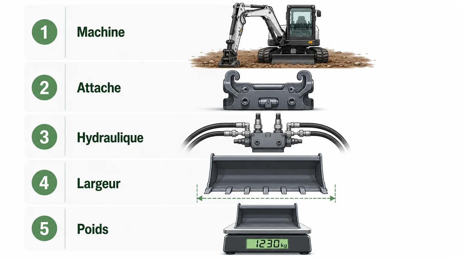 Critères de sélection d’un godet 4 en 1 présentés sous forme de checklist