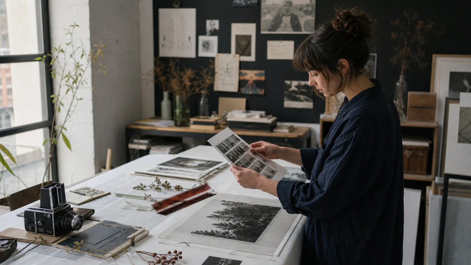 Photographer examining analog negatives and fine art prints in a studio