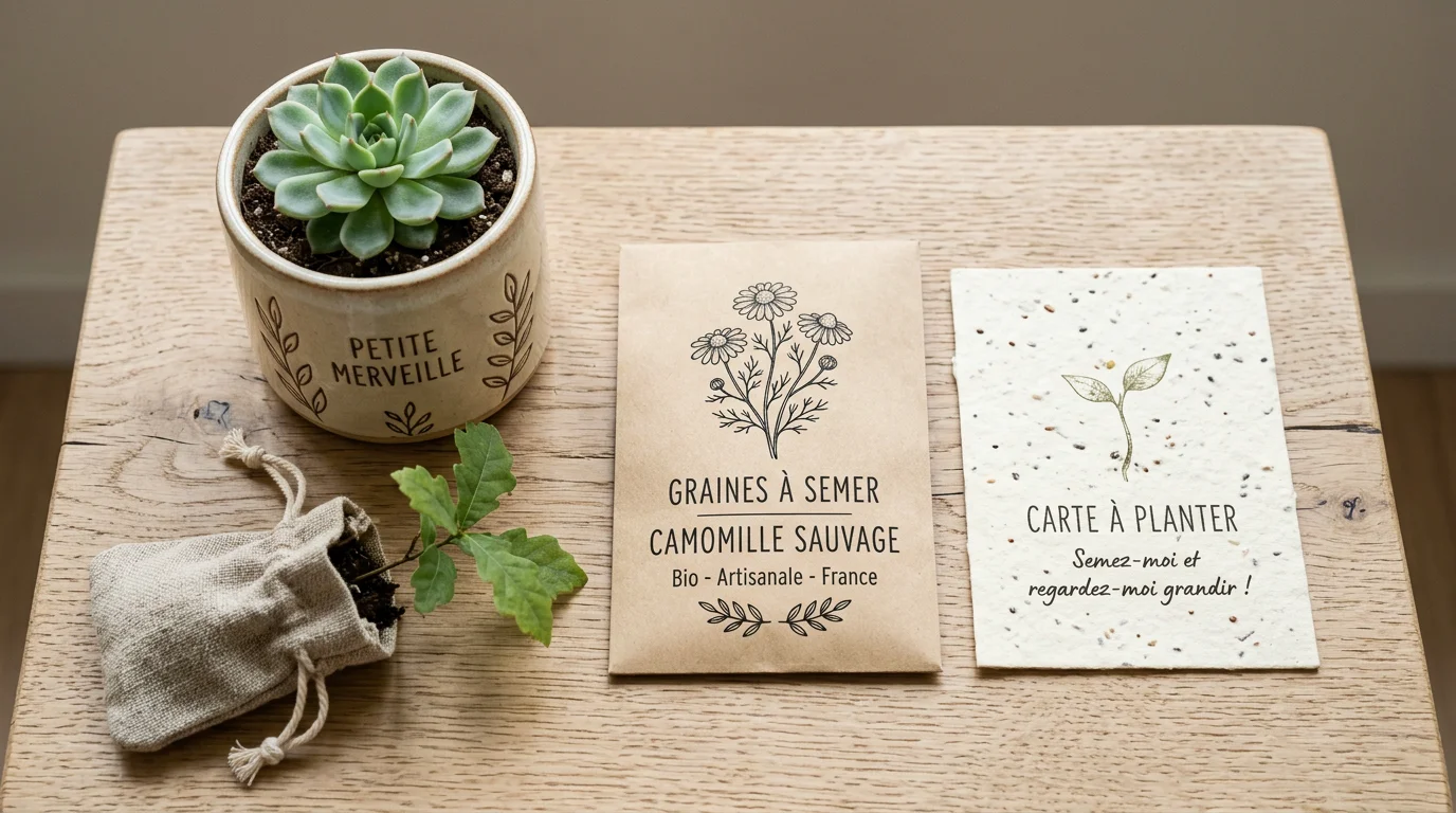 Assortiment de goodies végétaux personnalisés : plante en pot, sachet de graines et carte à planter