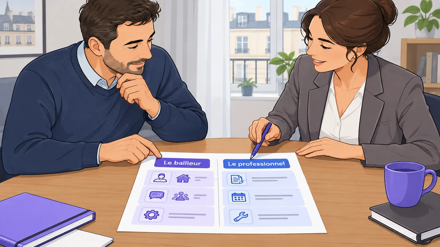 Illustration d’un bailleur qui confie certaines tâches de gestion locative à un professionnel