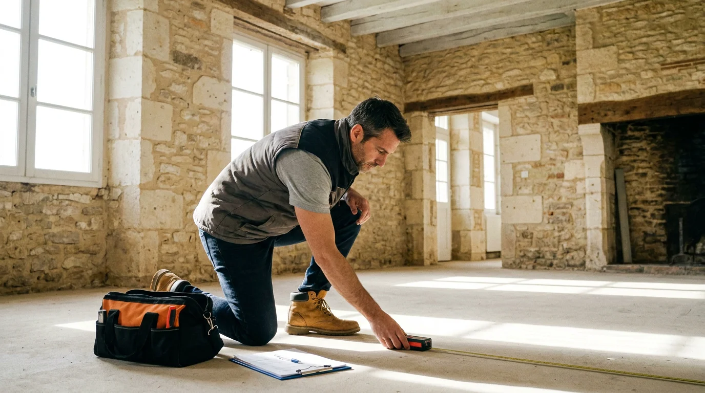 Technicien réalisant des mesures au laser lors d'un diagnostic immobilier