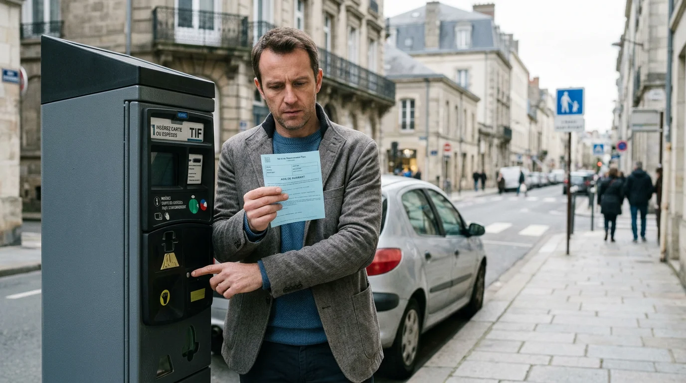 Automobiliste européen examinant un avis de forfait post-stationnement près d'un horodateur