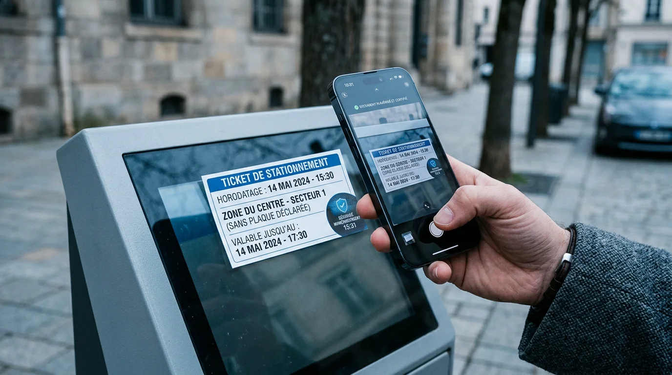 Personne européenne photographiant un ticket de stationnement pour constituer une preuve horodatée