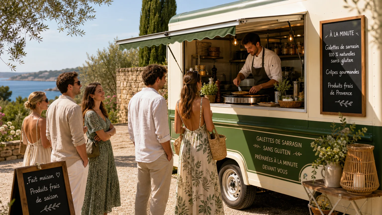 Food truck installé dans un jardin provençal ensoleillé avec des invités souriants