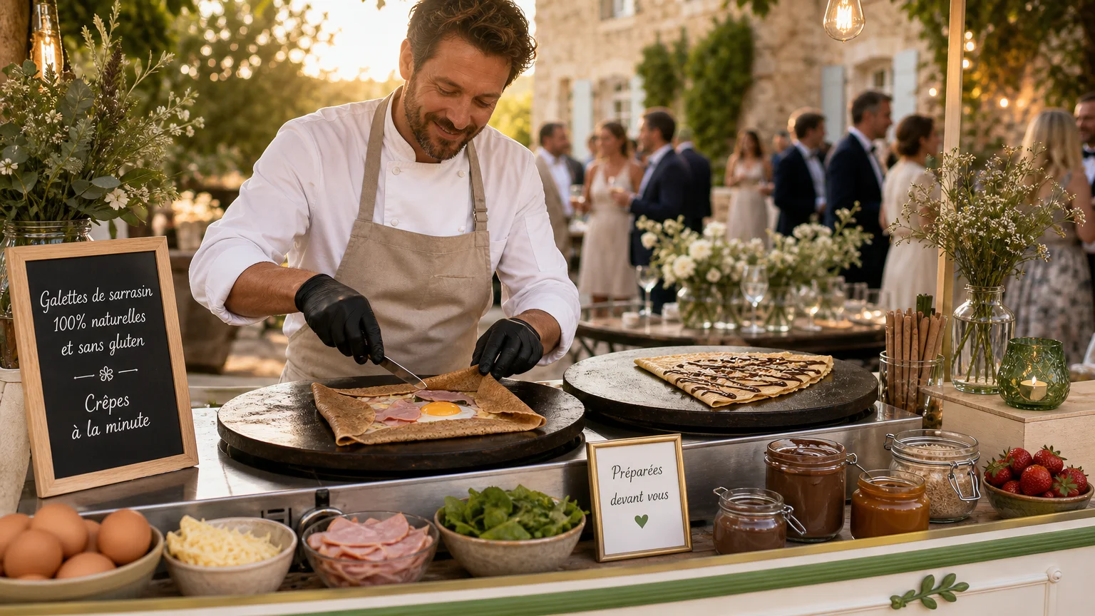 Bar à crêpes et galettes de sarrasin préparées en direct lors d'un mariage en Provence