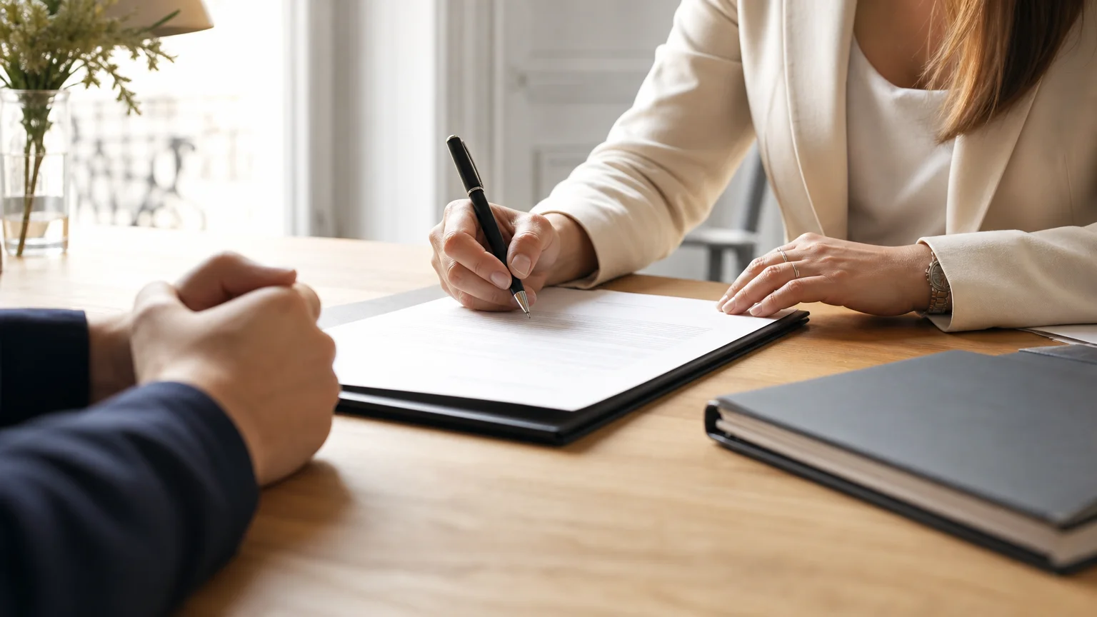 Mains non identifiables signant un document juridique sur un bureau sobre.