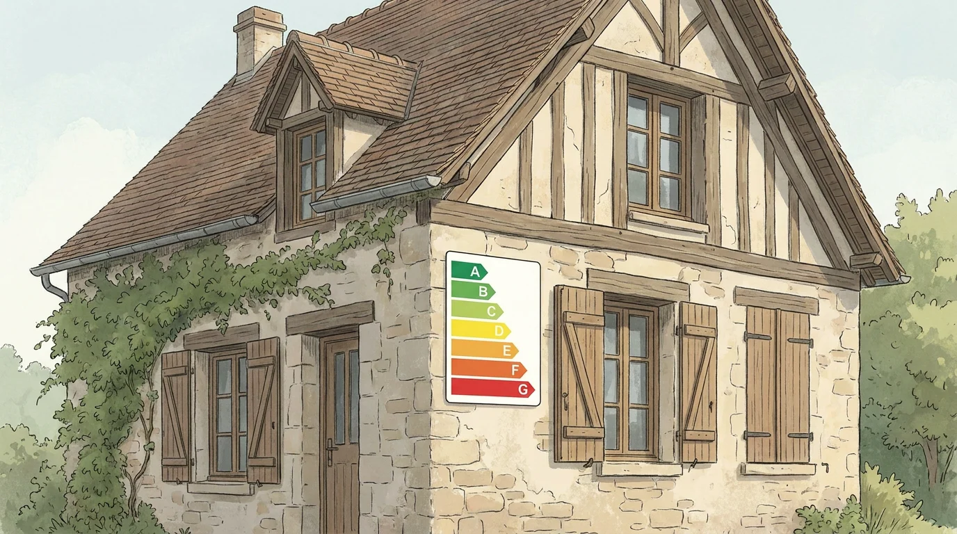 Étiquette énergétique DPE de A à G devant une maison ancienne française