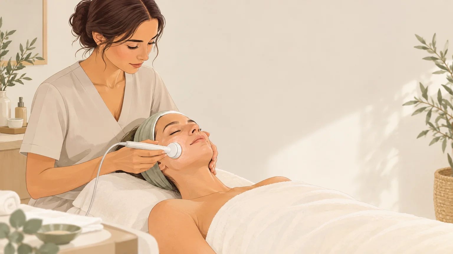 Soin du visage hydratant dans une cabine lumineuse évoquant Hyères.