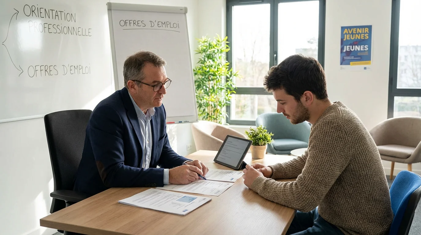 Conseiller et demandeur d'emploi signant un contrat d'engagement dans un bureau France Travail