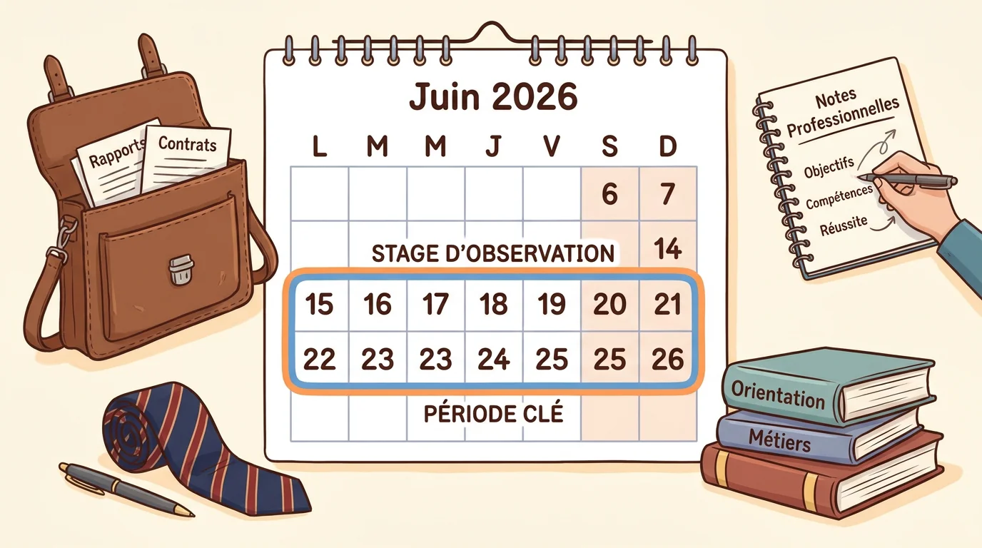 Calendrier illustrant les dates du stage d'observation de seconde du 15 au 26 juin 2026