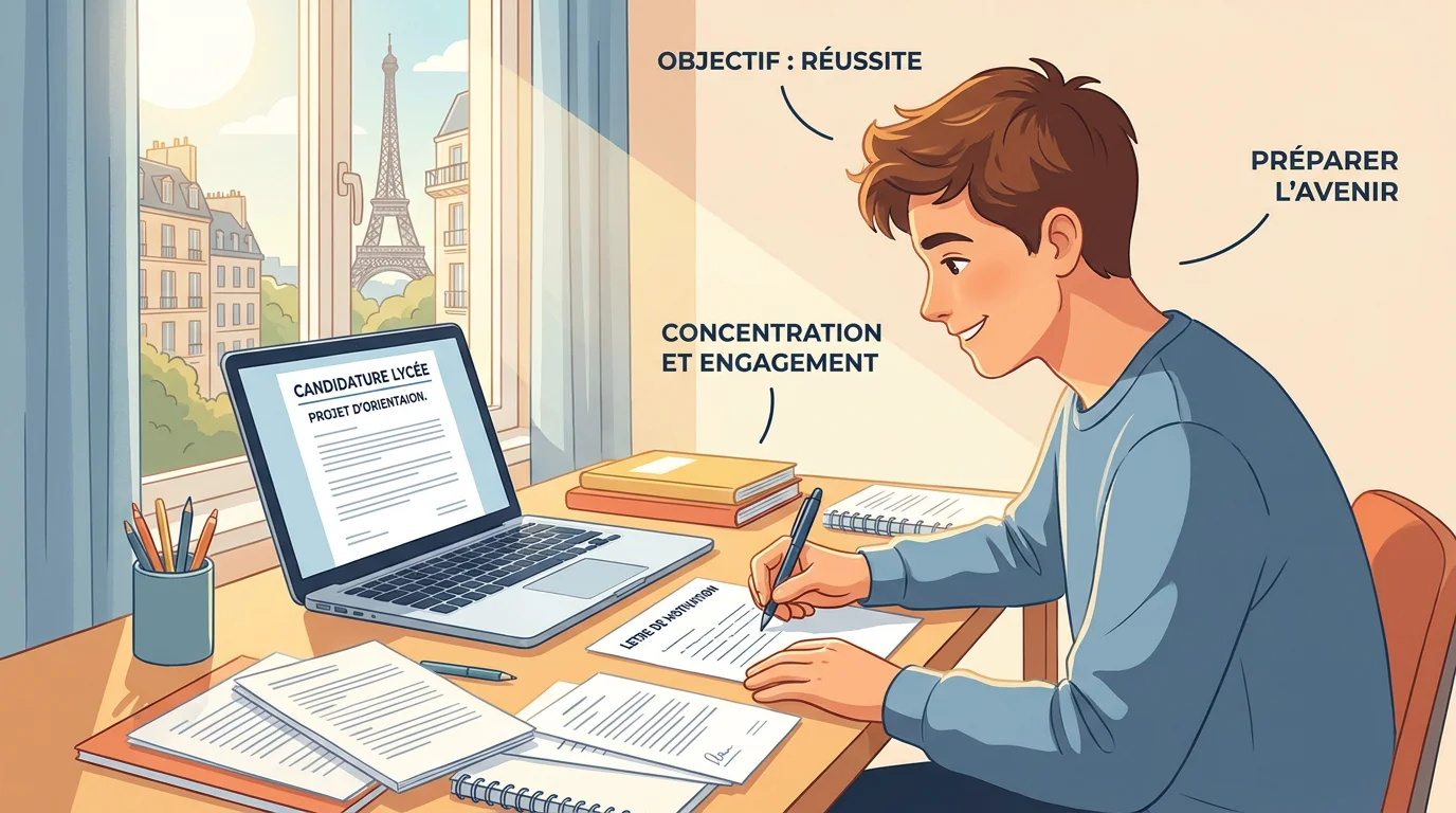 Élève de seconde rédigeant sa candidature de stage sur un bureau