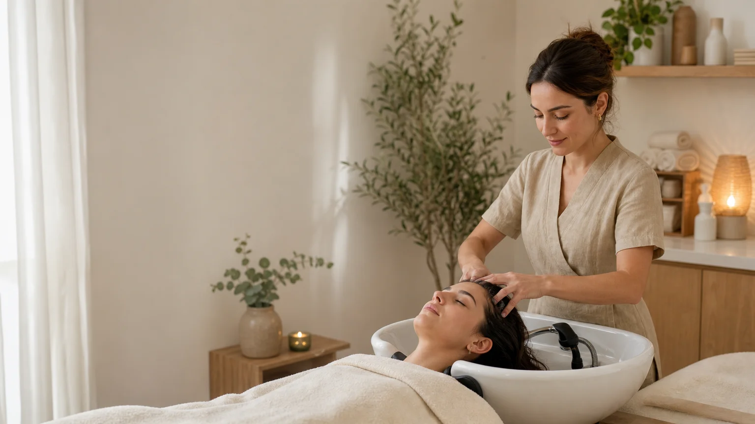 Professionnelle pratiquant un rituel Head Spa dans un espace de formation en France