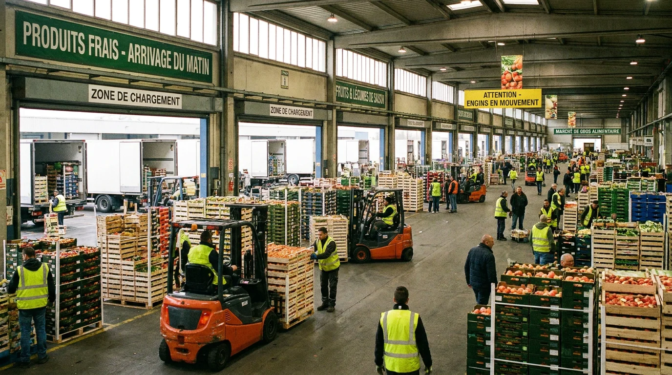 Activité matinale sur un marché de gros alimentaire à Rungis avec manutentionnaires et produits frais