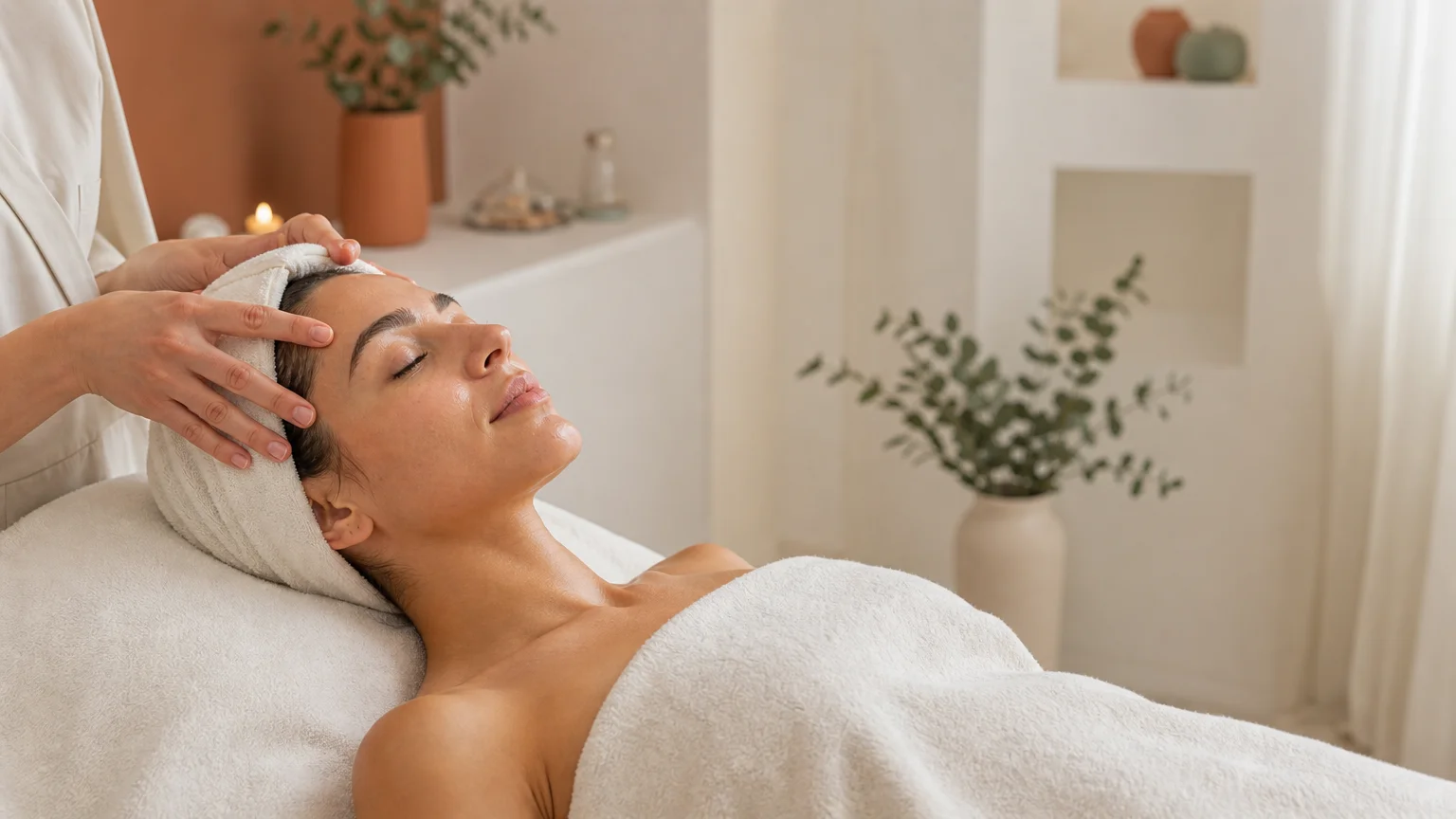 Personne détendue pendant un soin du visage apaisant