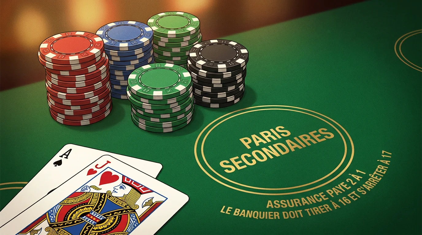 Jetons de casino et cartes de blackjack avec zone de paris secondaires