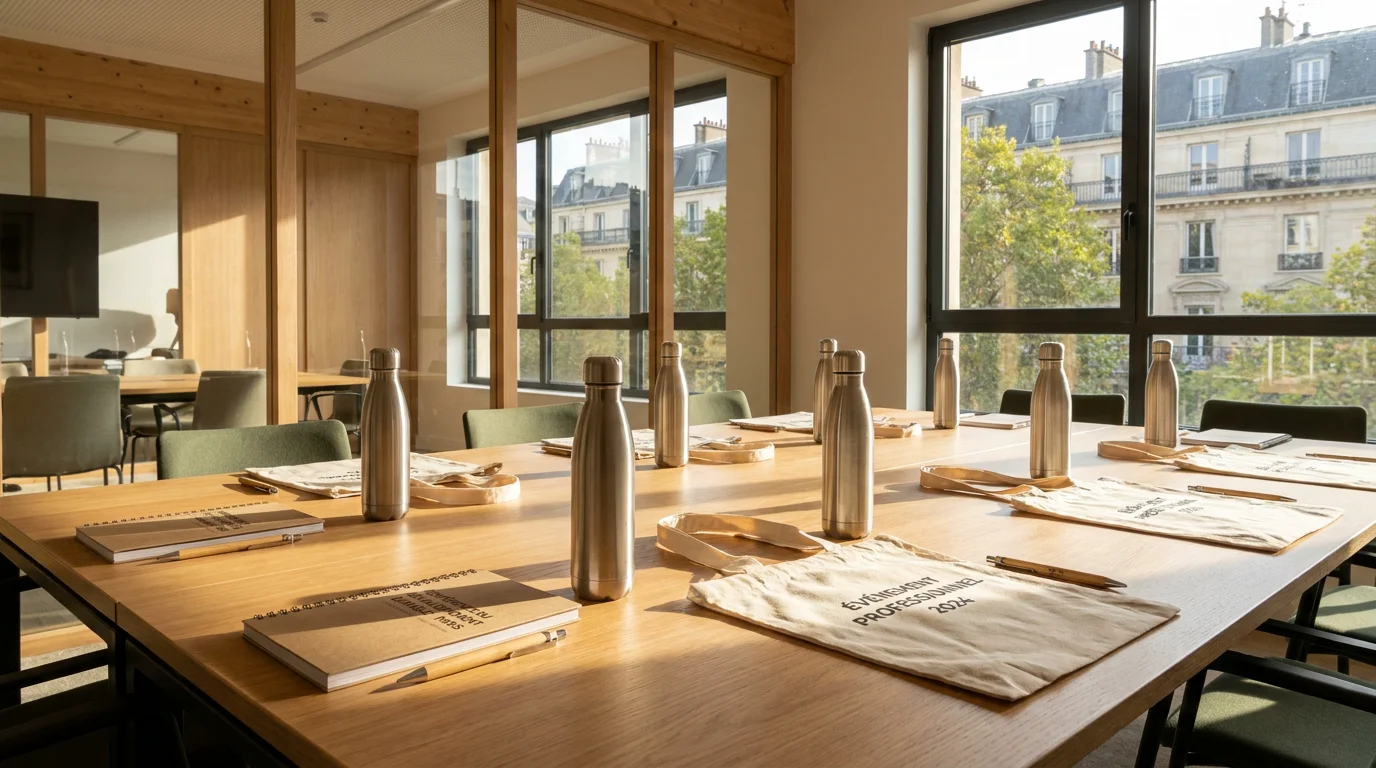 Objets publicitaires éco-responsables disposés sur une table de réunion en entreprise