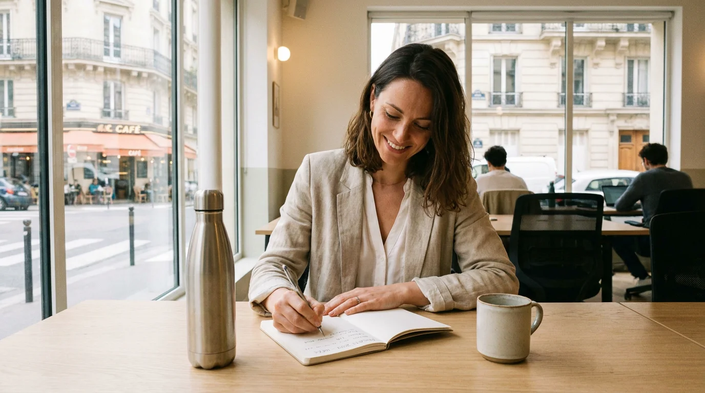 Professionnelle utilisant des objets publicitaires éco-responsables au bureau