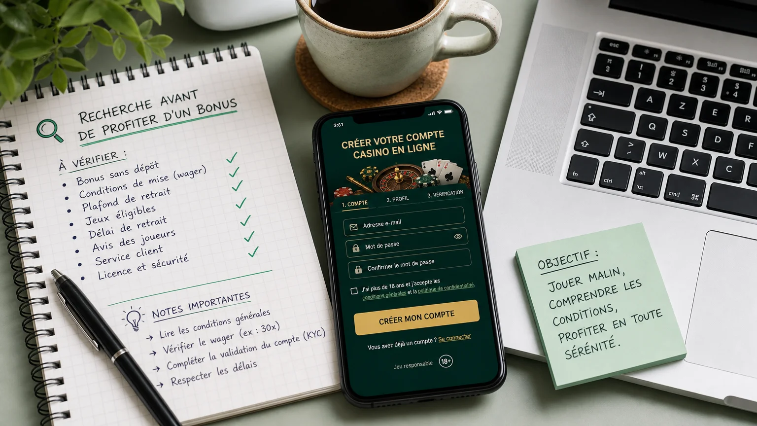 Bureau avec smartphone affichant une inscription à un casino en ligne et prise de notes