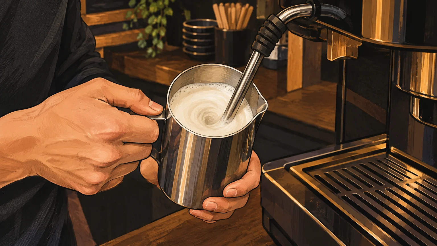 Un barista texture le lait au pichet pour obtenir une micro-mousse lisse