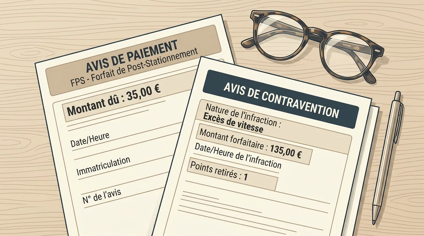 Comparaison entre un avis de paiement FPS et un avis de contravention de stationnement en France