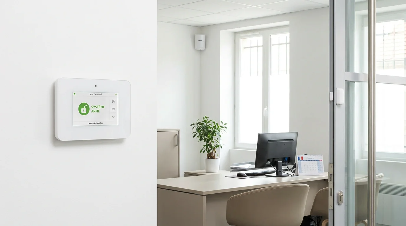 Système d'alarme sans fil installé dans un bureau professionnel avec centrale, détecteur de mouvement et capteur d'ouverture