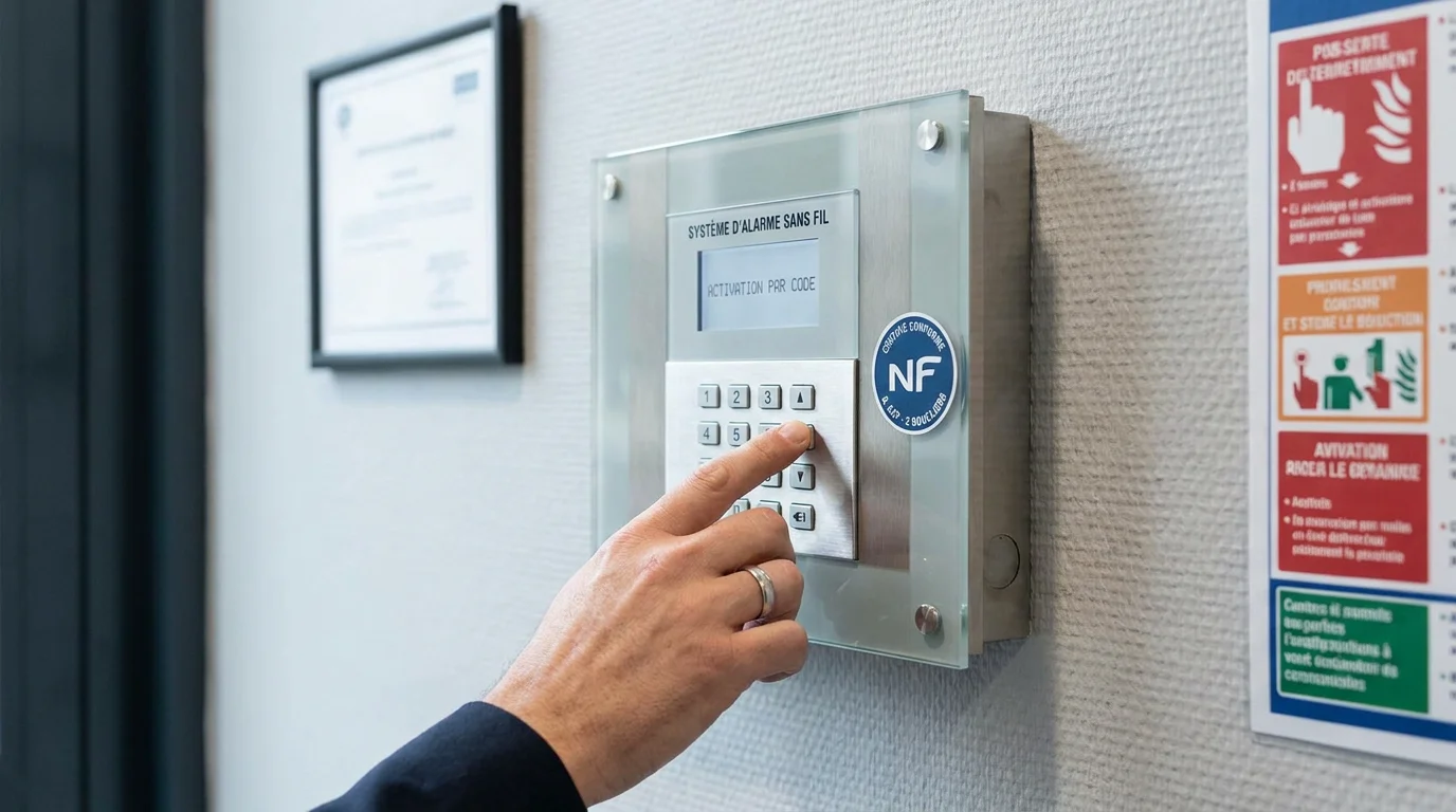 Centrale d'alarme sans fil certifiée installée dans un local professionnel avec clavier de commande