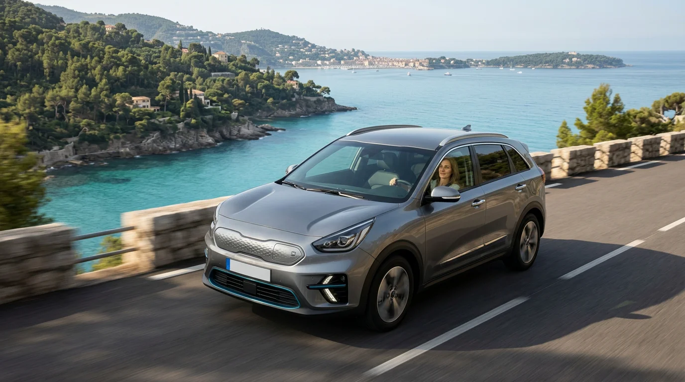 Grey electric SUV on a French Riviera coastal road near Cannes