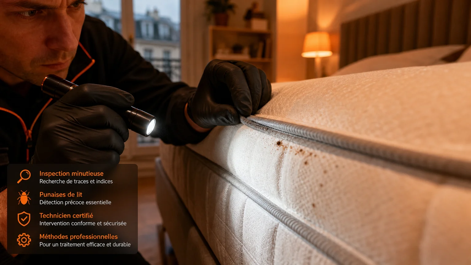 Inspection d'un matelas à la recherche de punaises de lit dans un appartement