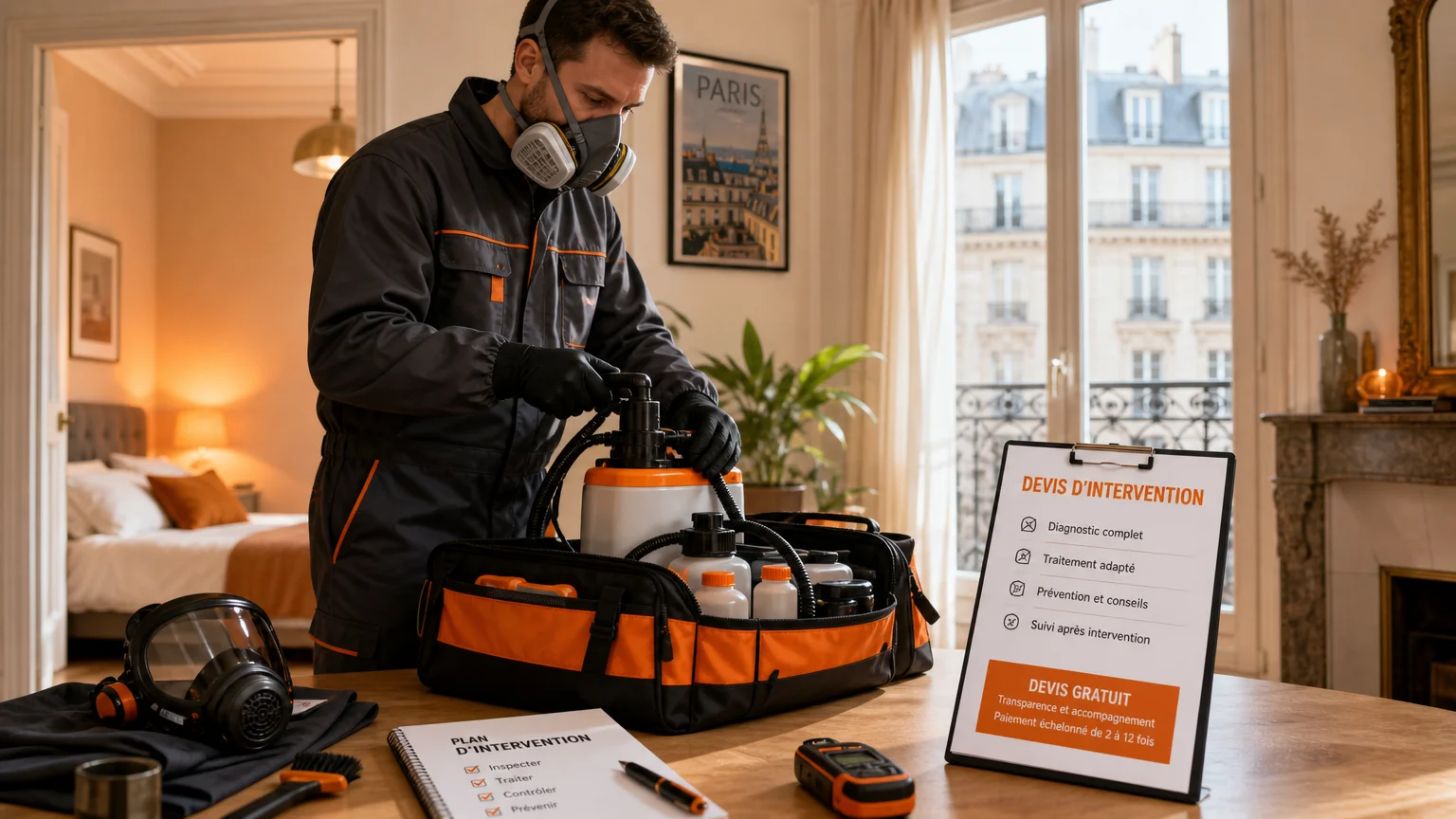 Technicien préparant une intervention de désinsectisation dans un appartement