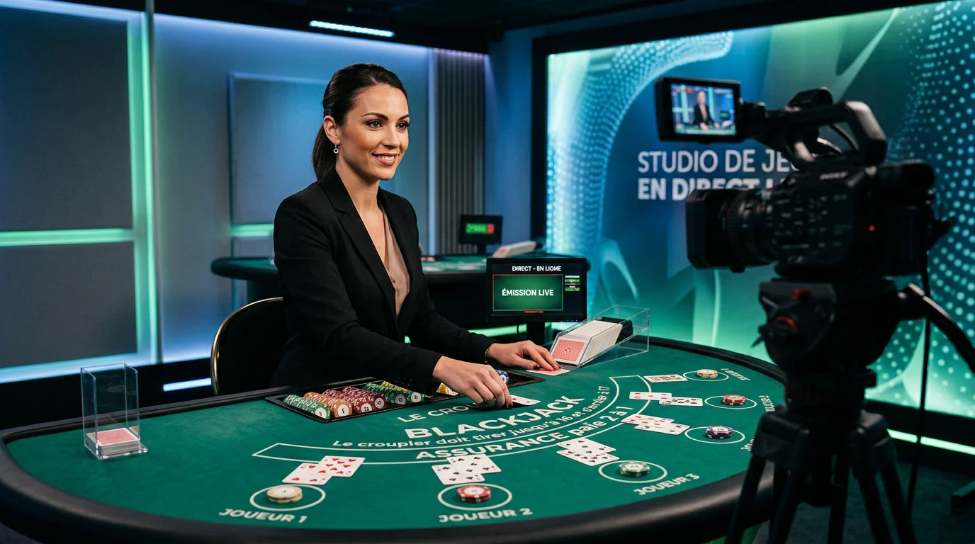 Croupière animant une table de blackjack en direct filmée en studio