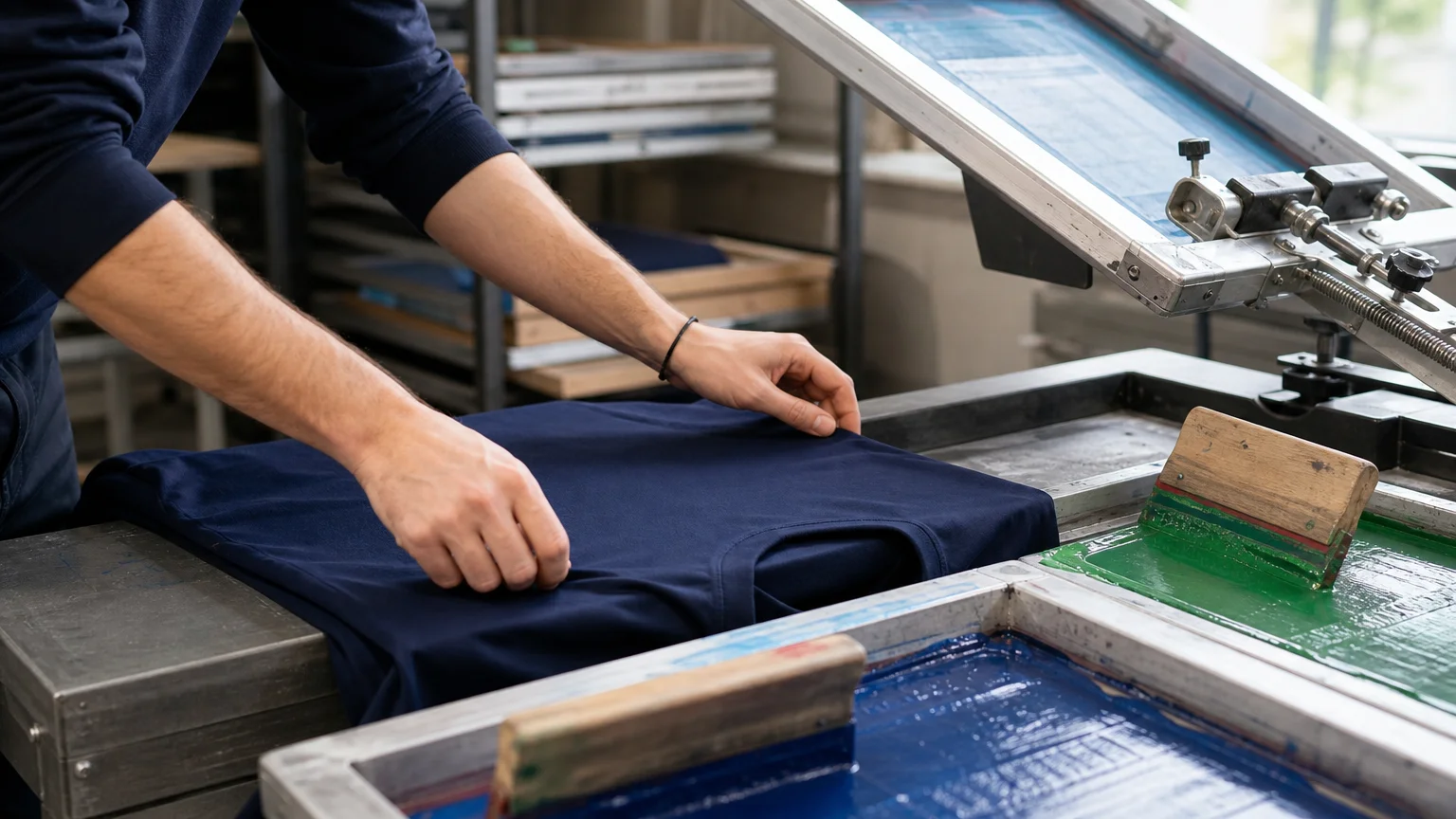 Technicien réalisant la sérigraphie d'un tee-shirt personnalisé en atelier