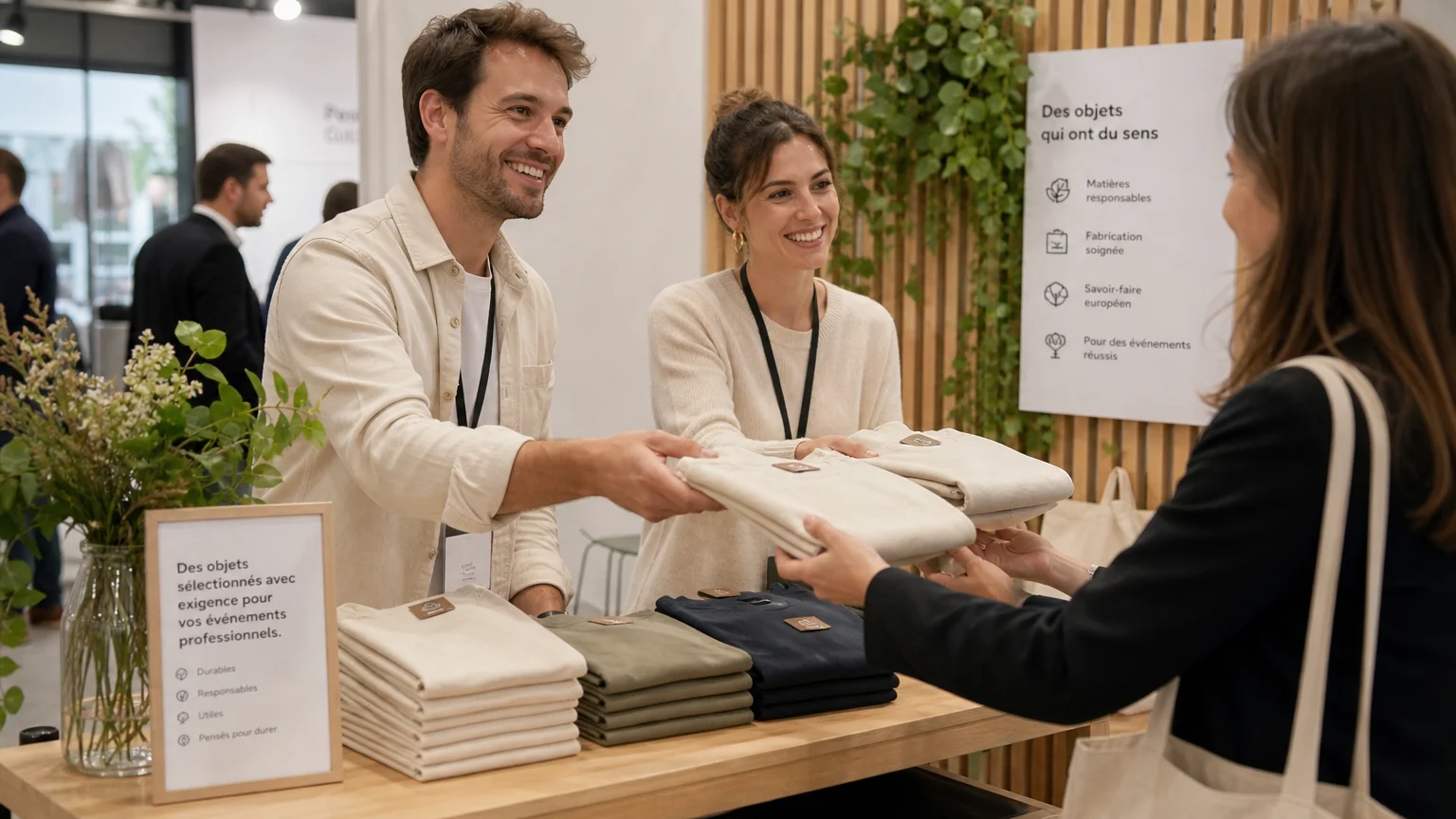 Distribution de tee-shirts en coton bio sur un stand de salon professionnel