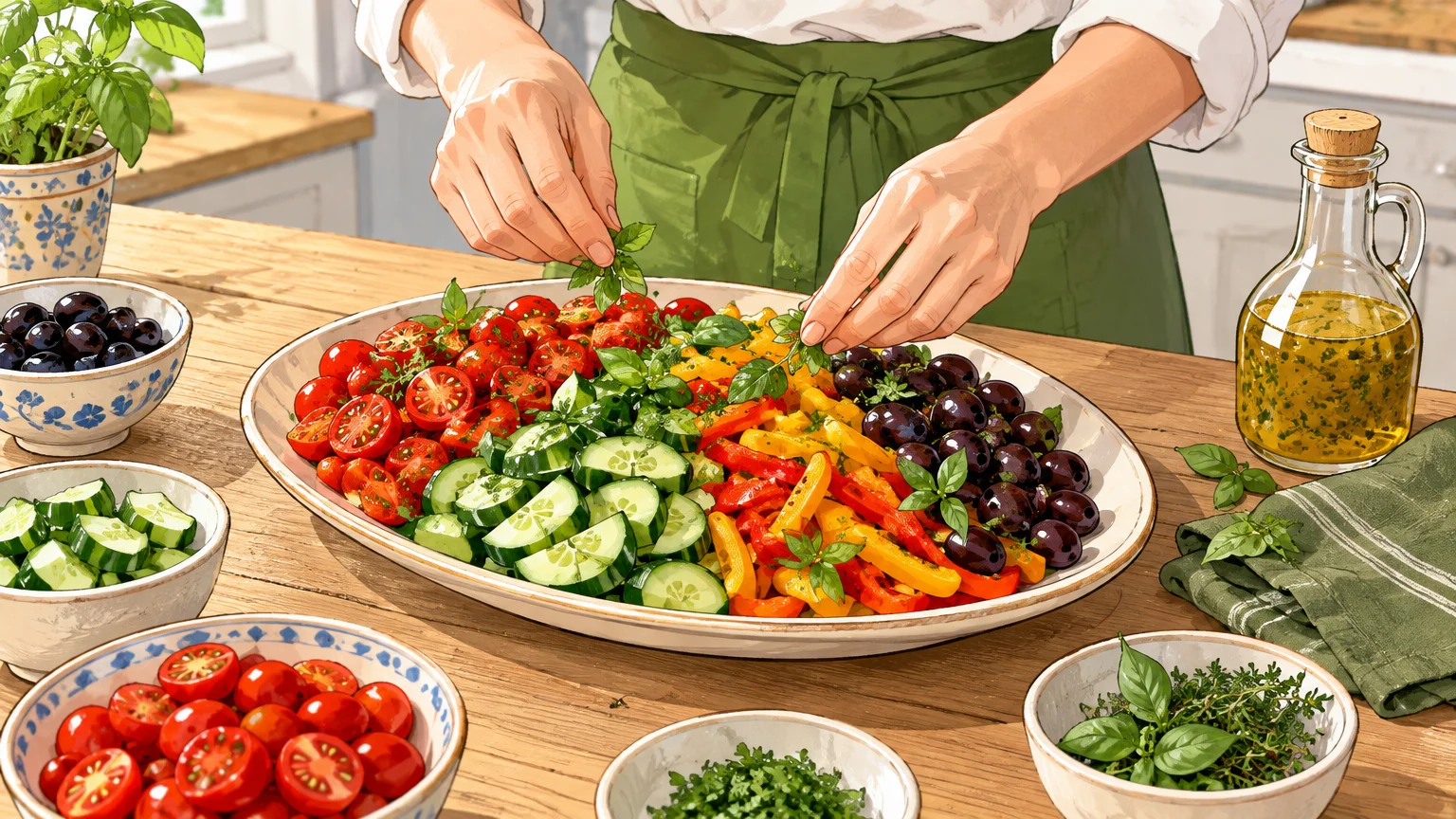 Assemblage d’une salade provençale sur un plat juste avant le service
