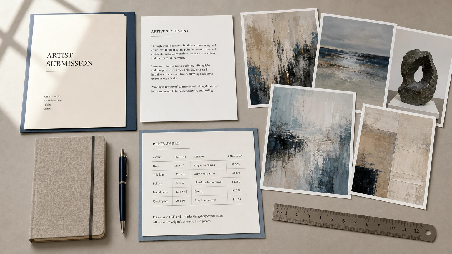Artist portfolio materials arranged for a gallery submission