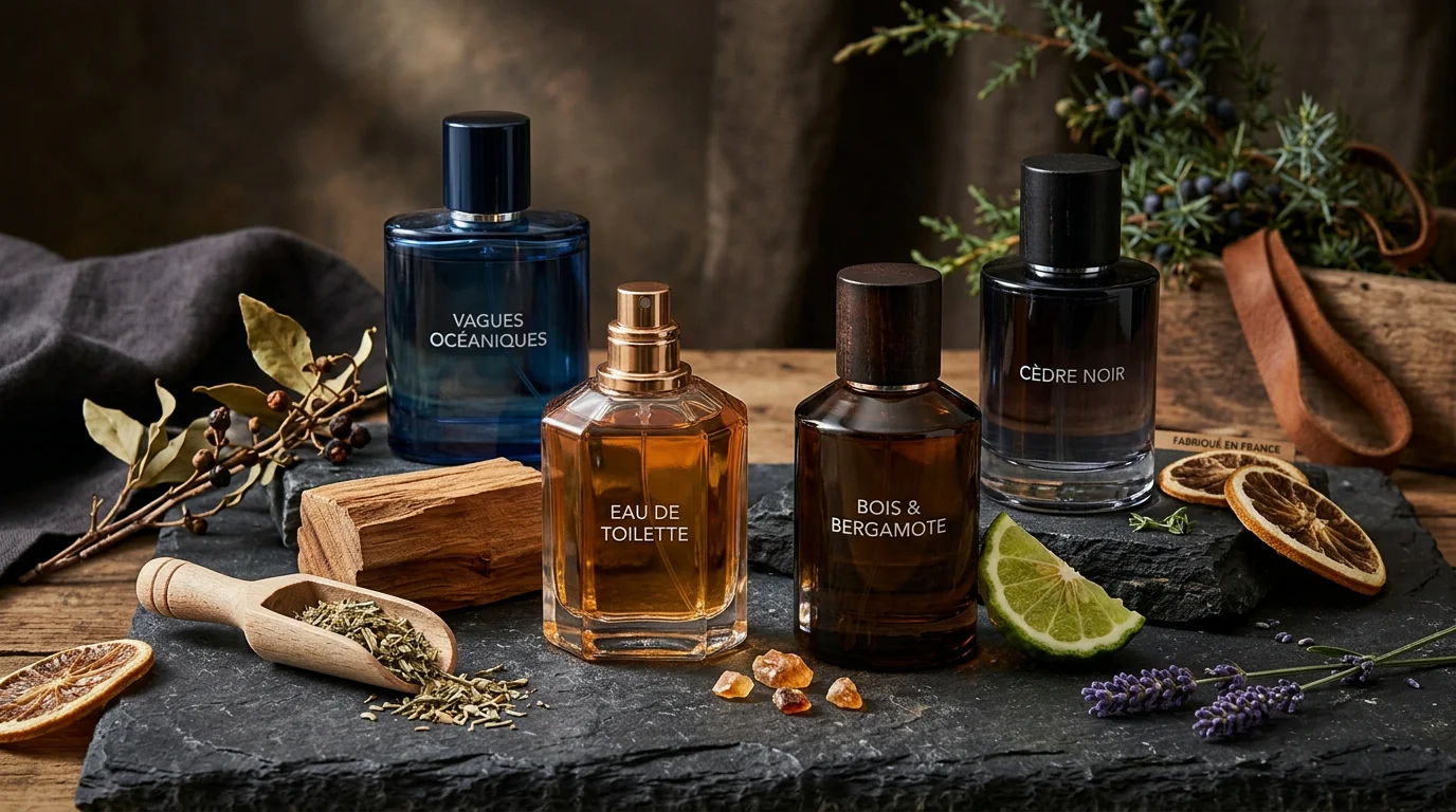 Flacons de parfums de luxe pour homme disposés sur une surface sombre
