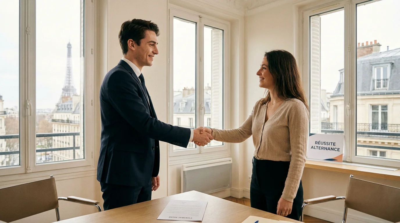 Jeune diplômé en alternance serrant la main d'un recruteur dans un bureau moderne