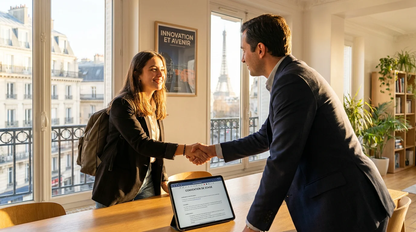 Étudiant serrant la main d'un professionnel dans un bureau moderne en France