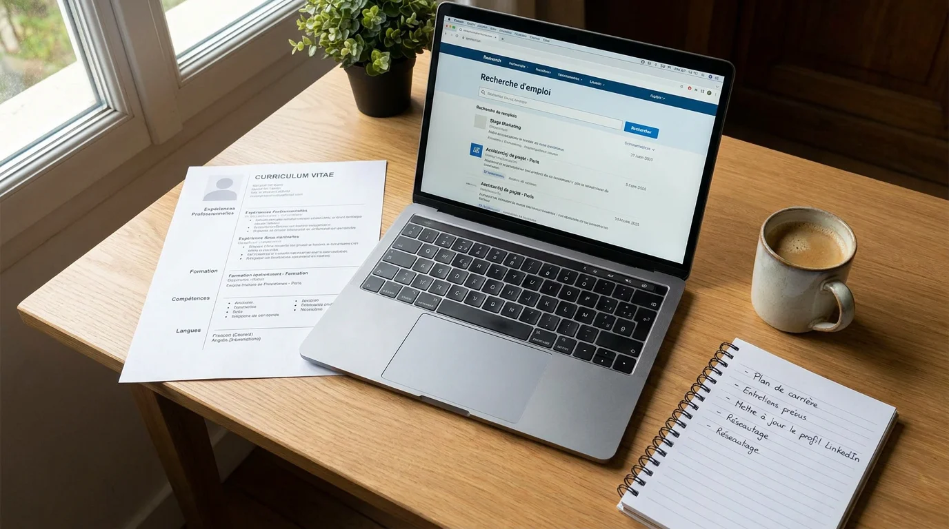 Bureau étudiant avec CV imprimé et ordinateur ouvert sur une page de recherche de stage