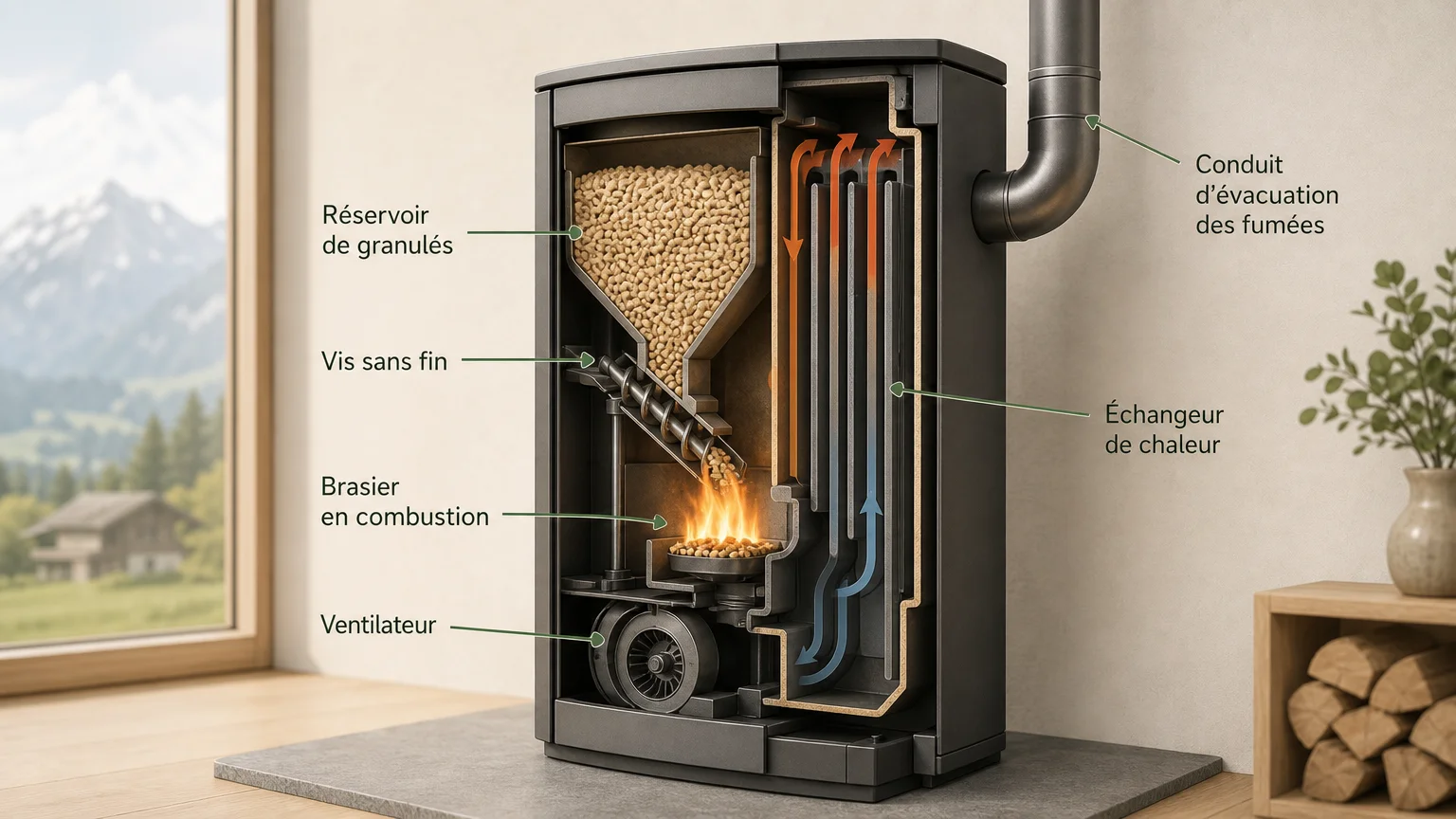Schéma illustré du fonctionnement interne d’un poêle à pellets