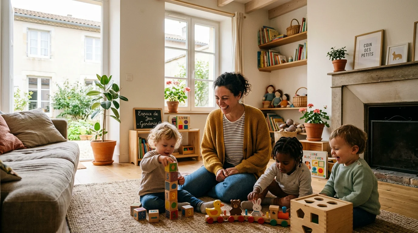 Une nounou joue avec trois jeunes enfants dans un salon lumineux