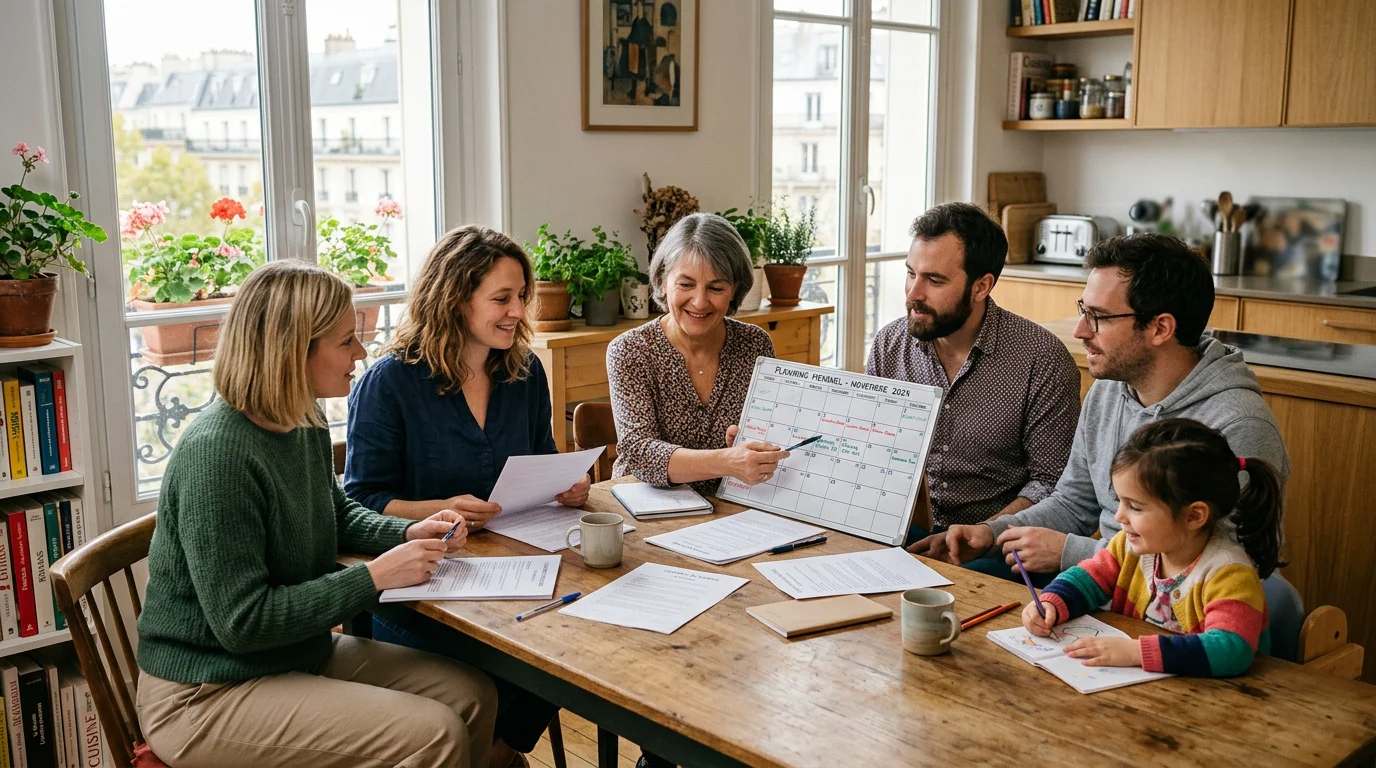 Deux familles et une nounou organisent un planning de garde autour d'une table